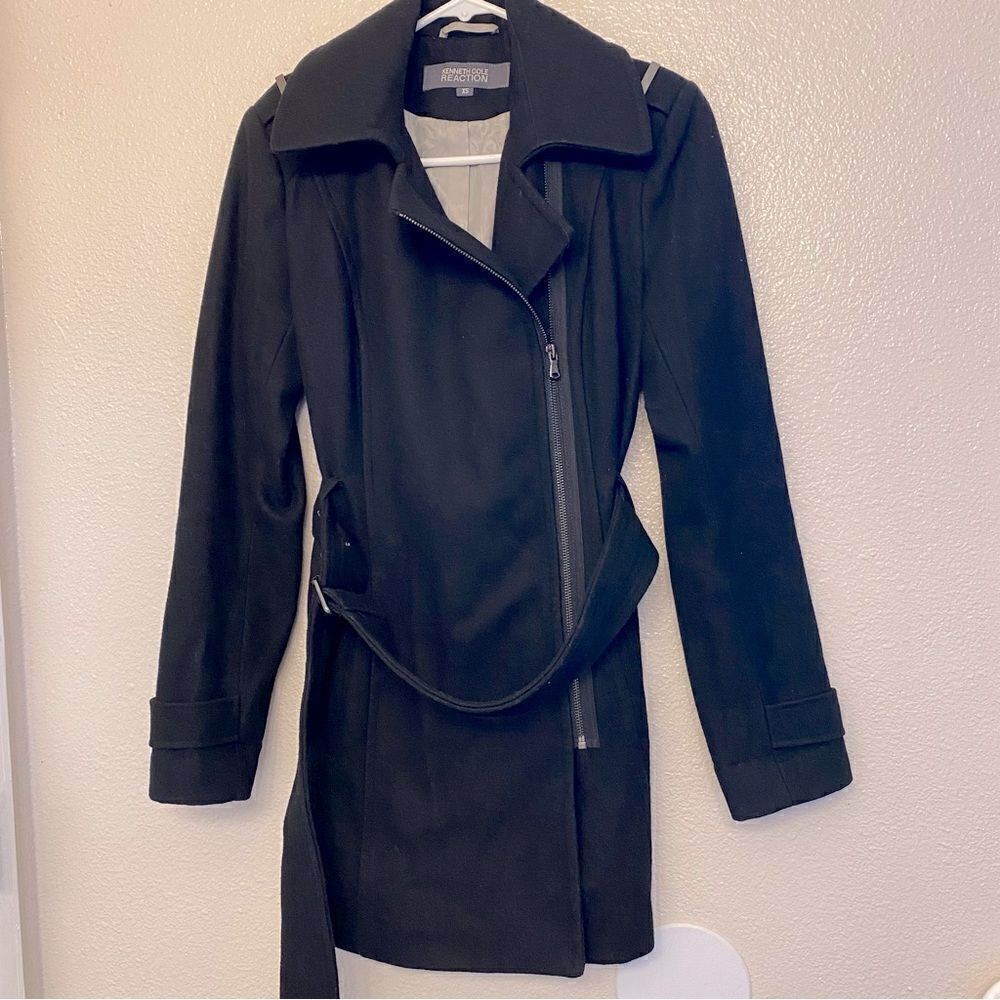 Kenneth Cole wool blend black pea trench coat belted goth Y2K -XS